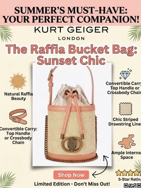 Kurt Geiger Raffia Bucket Bag with Pink Trim and Gold Hardware